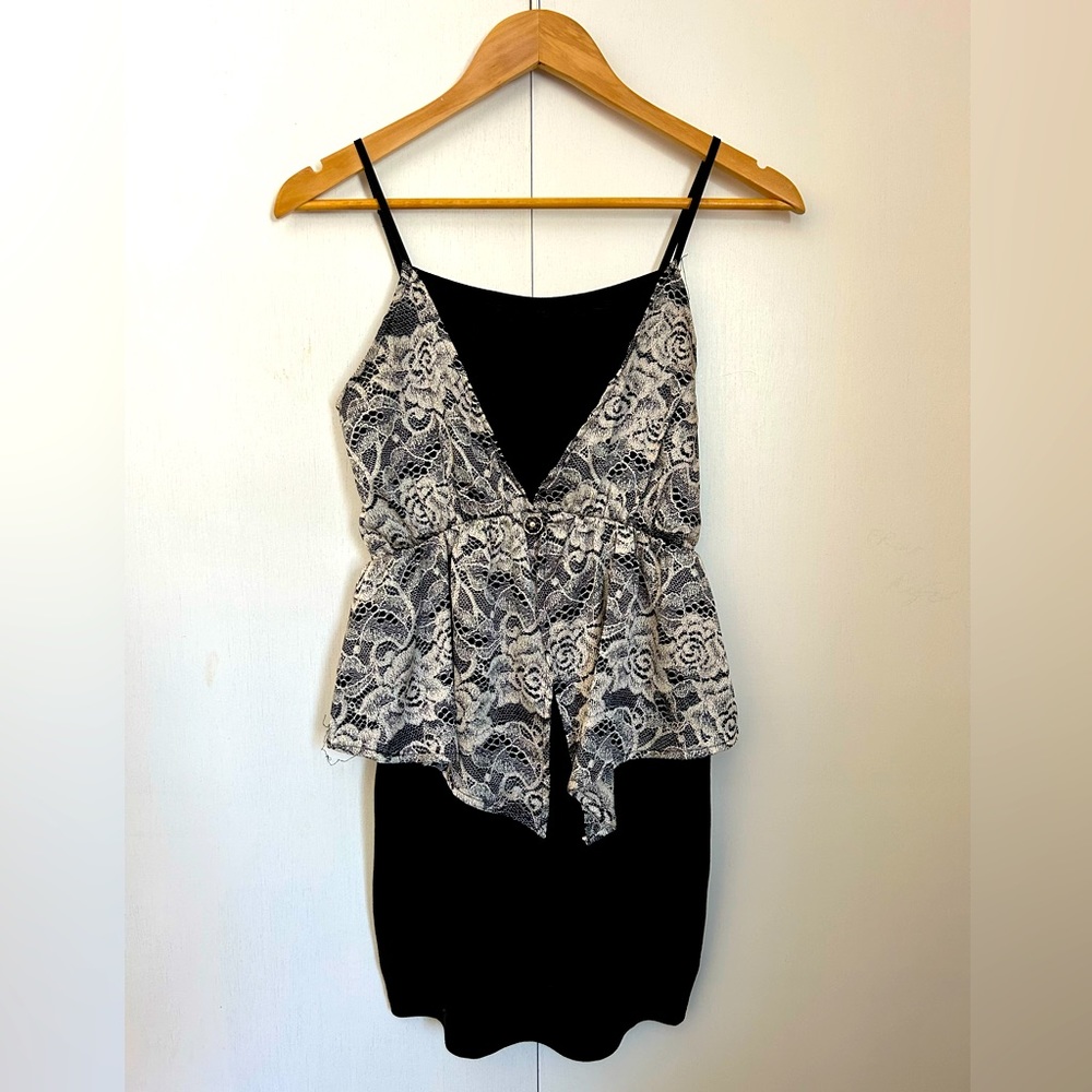 Women’s Black Bodycon Dress with Cream Lace Print Peplum - Size Medium
